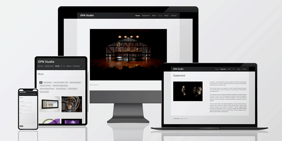 Pantalla de ordenador, tablet, ladtop y móvil mostrando la web de OPN Studio