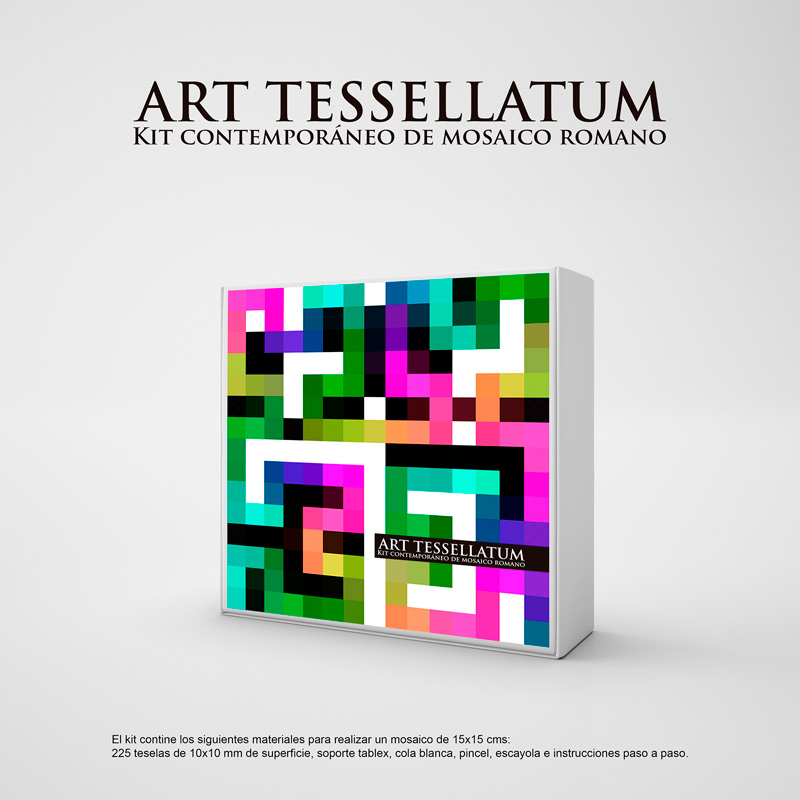 Packaging de un juego de mosaico arcoíris sobre fondo gris