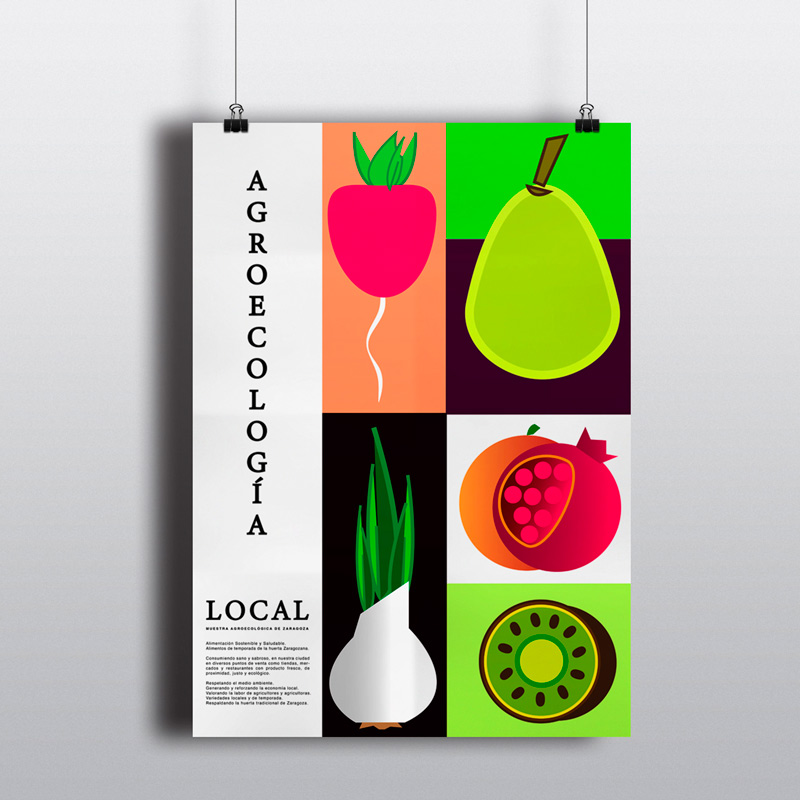 Cartel con ilustraciones de hortalizas multicolor anunciando agroecología local sobre fondo gris
