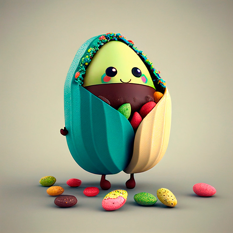 Ilustración de un cacahuete amigable dulce de color turquesa y crema con complementos multicolor